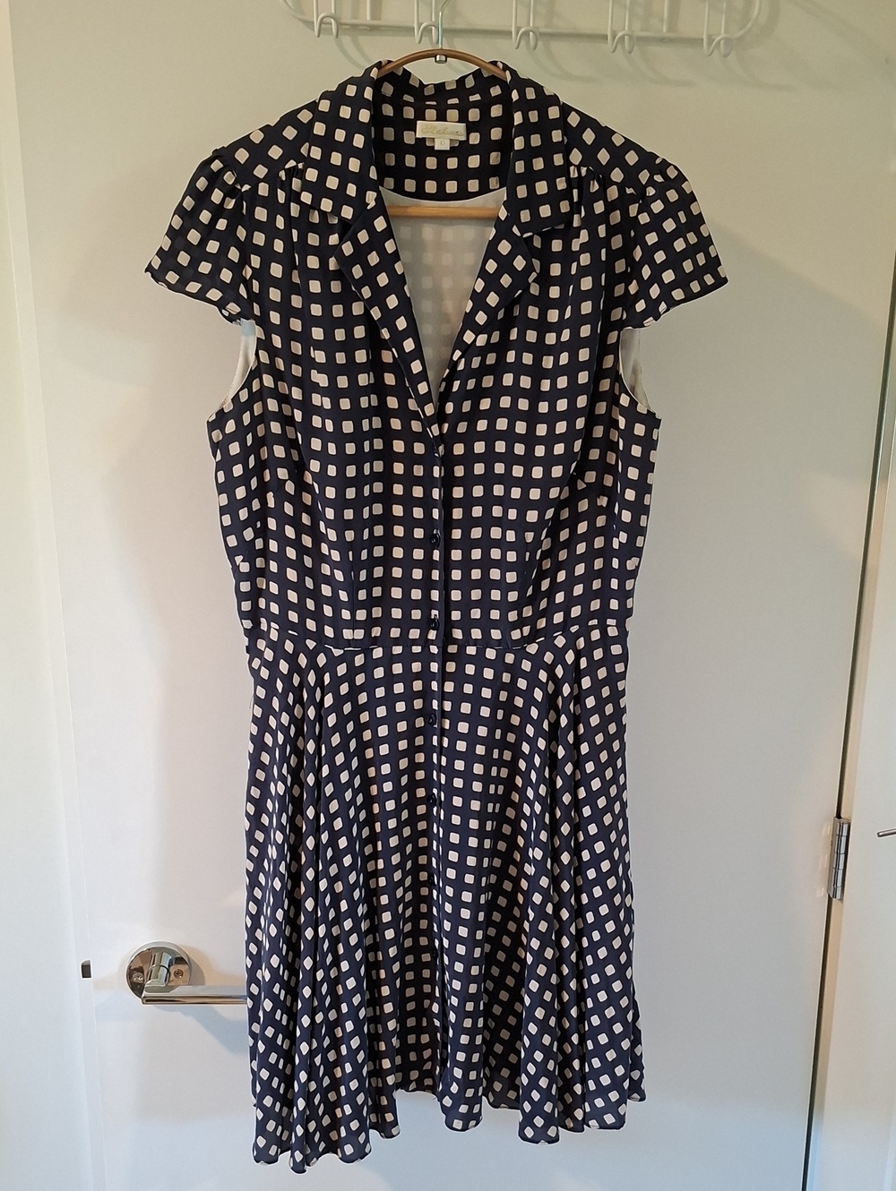 Shoshanna 100% Silk Retro Feminine Navy & Beige Fit & Flare Dress (Size 10/M-L)